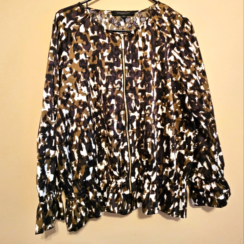 Marc New York Long Sleeve Blouse- Olive Camo Print Full Zip w/ Peplum Ruffle